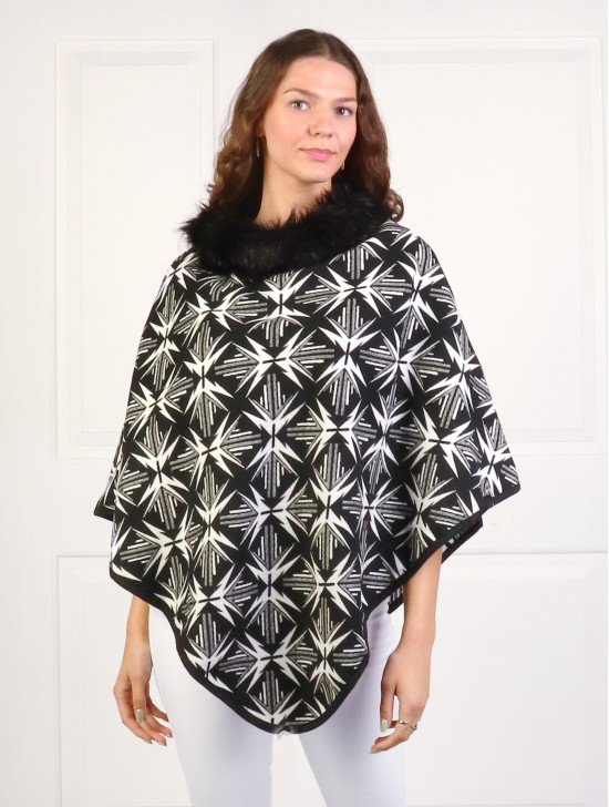 Geometric-Pattern Poncho W/ Fur Collar